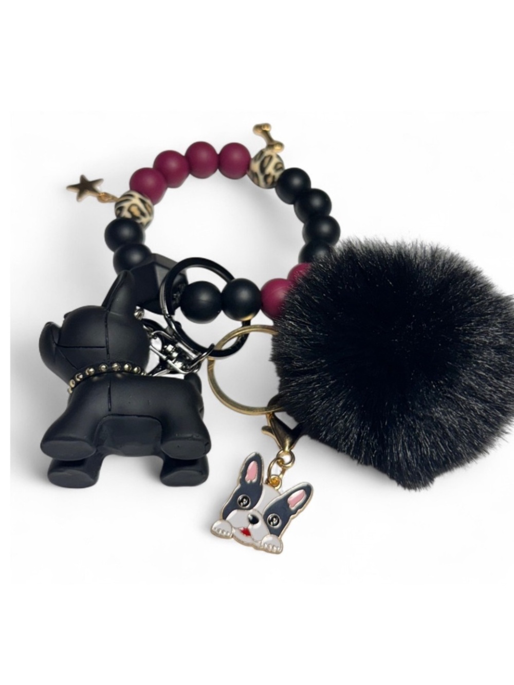 Black & Burgundy Frenchie Pom Pom Beaded Keychain